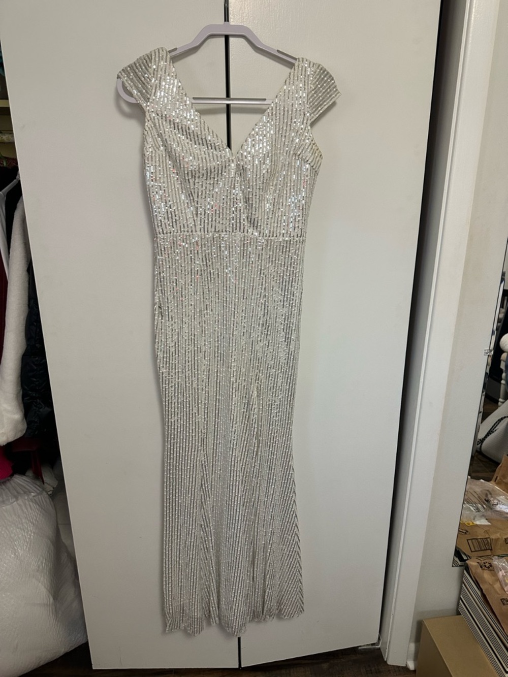 Silver Sequin V-Neck Maxi Dress